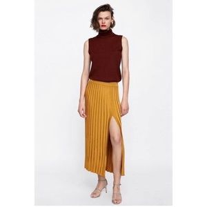 Zara gold pleated mid length skirt with thigh slit